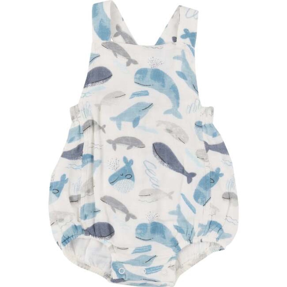 Blue, White & Gray Whales Retro Sunsuit Bubble Romper, 18-24M